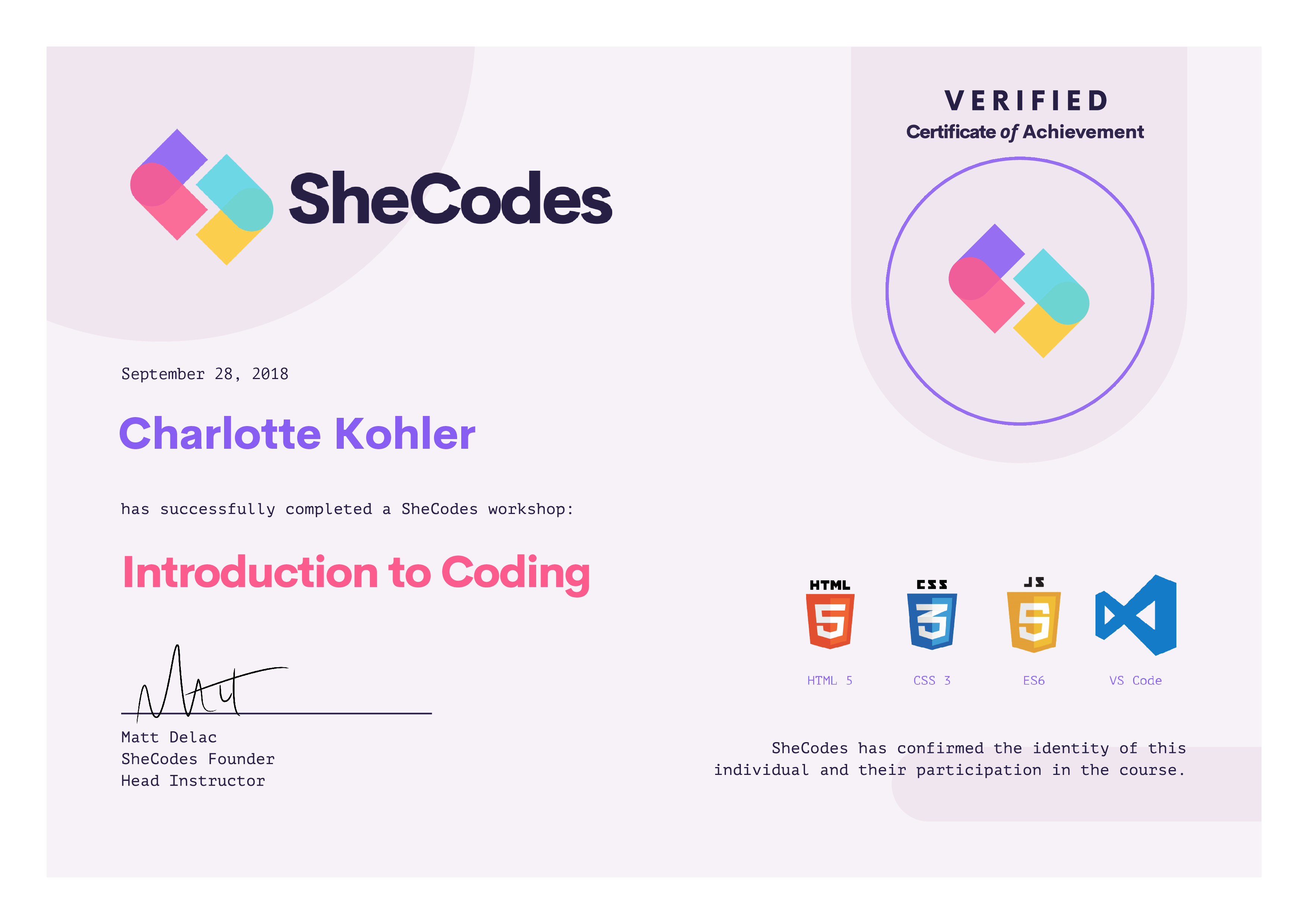 SheCodes Certificate